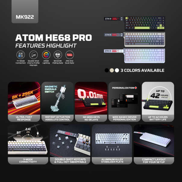 Tastatura Wired Magnetic Gaming Fantech MK922 Atom HE68 Pro Mori crna (emerald switch) - EP2870938