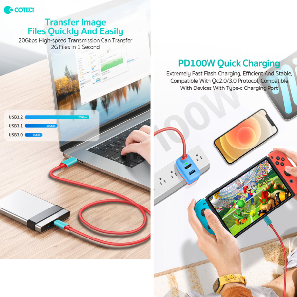 Data kabl Coteci 87303 100W 4K 20Gbps PD na Type C crveni 1m - EP2845927