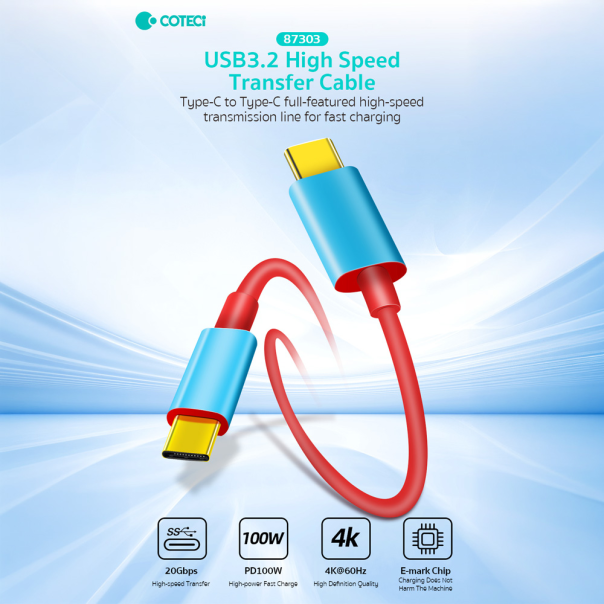 Data kabl Coteci 87303 100W 4K 20Gbps PD na Type C crveni 2m - EP2845930