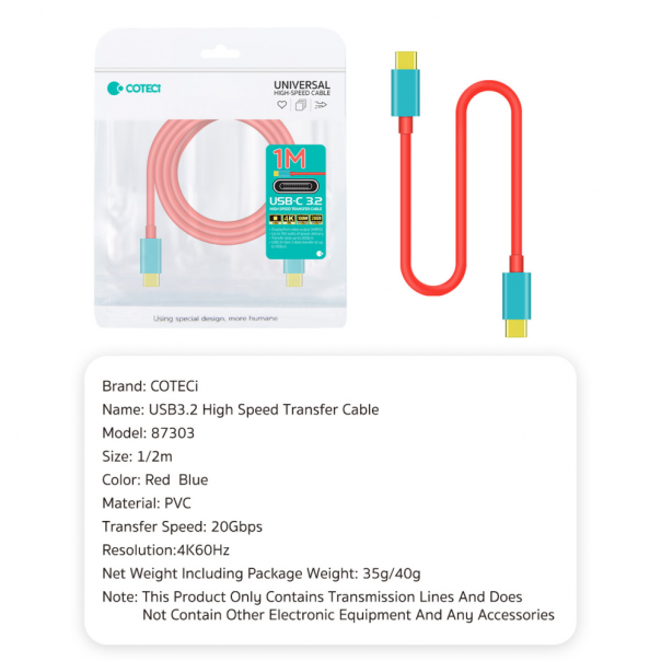 Data kabl Coteci 87303 100W 4K 20Gbps PD na Type C crveni 2m - EP2845930