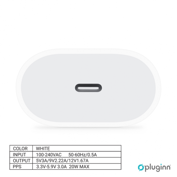 Kućni Punjač Pluginn AJ-20 A2347 EMC3621 PD Fast 20W za iPhone 11-14 sa PD lightning kablom CE beli - EP2871049