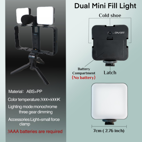 Mini tripod AY-49X-2 sa LED svetlima i mikrofonom crni - EP3108888