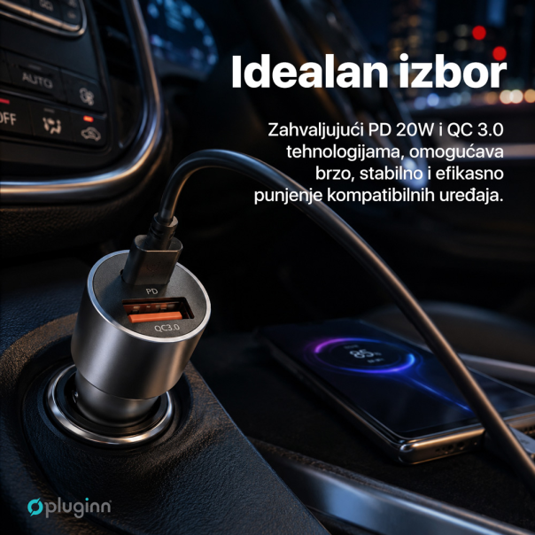 Auto punjač Pluginn PI-40, PD 20W, QC 3.0 18W, sa PD Type C kablom sivi - EP3080228
