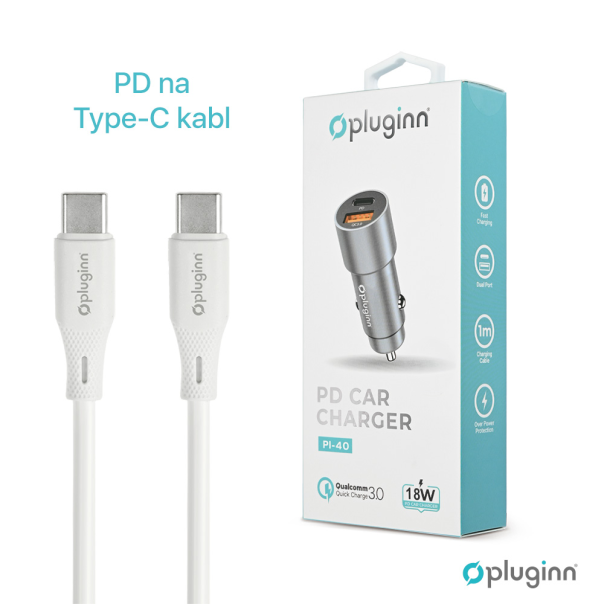 Auto punjač Pluginn PI-40, PD 20W, QC 3.0 18W, sa PD Type C kablom sivi - EP3080228