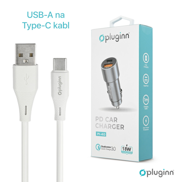 Auto punjač Pluginn PI-40, PD 20W, QC 3.0 18W, sa Type C kablom sivi - EP3080231