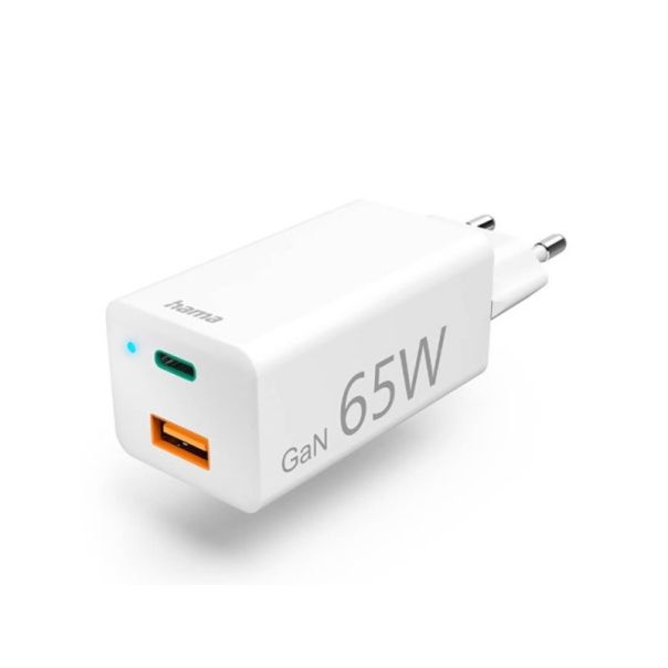 HAMA Brzi punjač GaN, 1x USB-C PD, 1x USB-A QC, 65W, bela - 227582