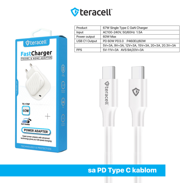 TERACELL Kucni punjac Evolution TC-17GP, GaN, PPS, PD 3.0, 60W sa PD Type c kablom beli CE - EP3132161