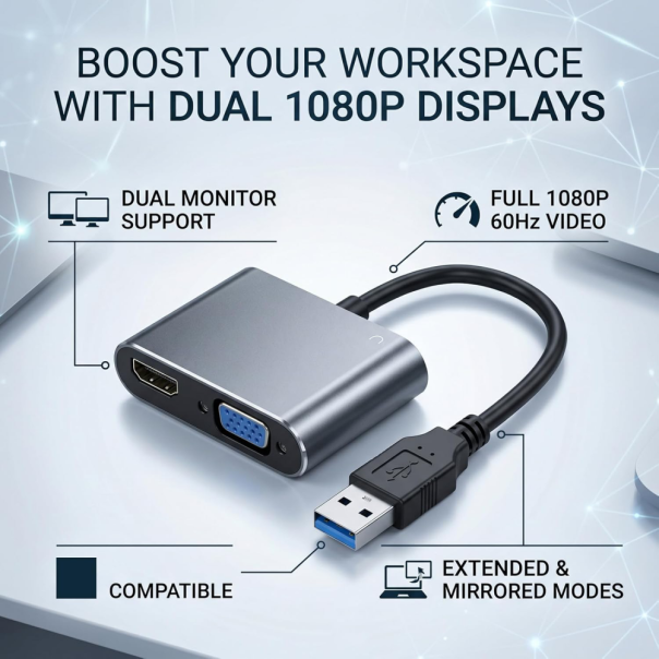 Adapter USB 3.0 JWD na  HDMI, VGA, AUDIO, 3 u 1 crni - EP3195004