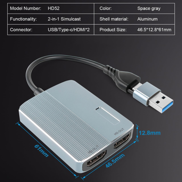 Adapter Type C - USB 3.0 JWD na 2x HDMI 60Hz sivi - EP3194989
