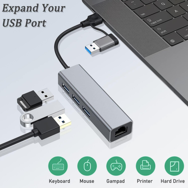 Adapter Type C - USB 3.0 JWD na LAN, 3x USB 3.0 4 u 1 sivi - EP3195001