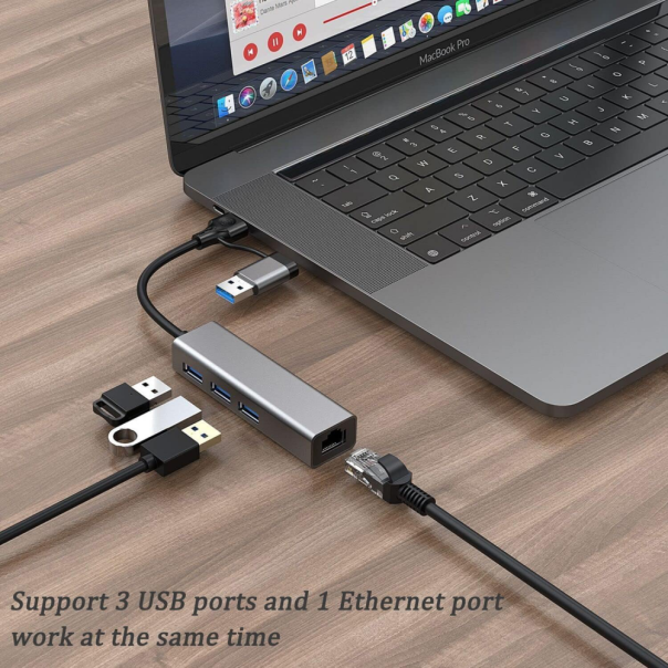 Adapter Type C - USB 3.0 JWD na LAN, 3x USB 3.0 4 u 1 sivi - EP3195001