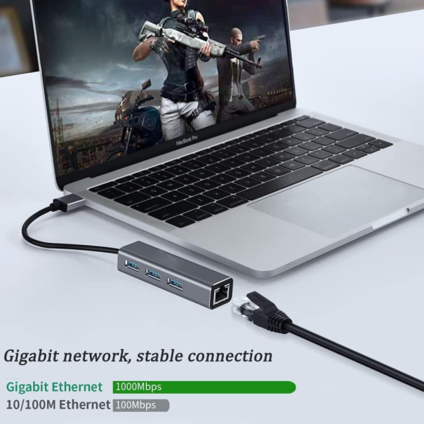 Adapter Type C - USB 3.0 JWD na LAN, 3x USB 3.0 4 u 1 sivi - EP3195001