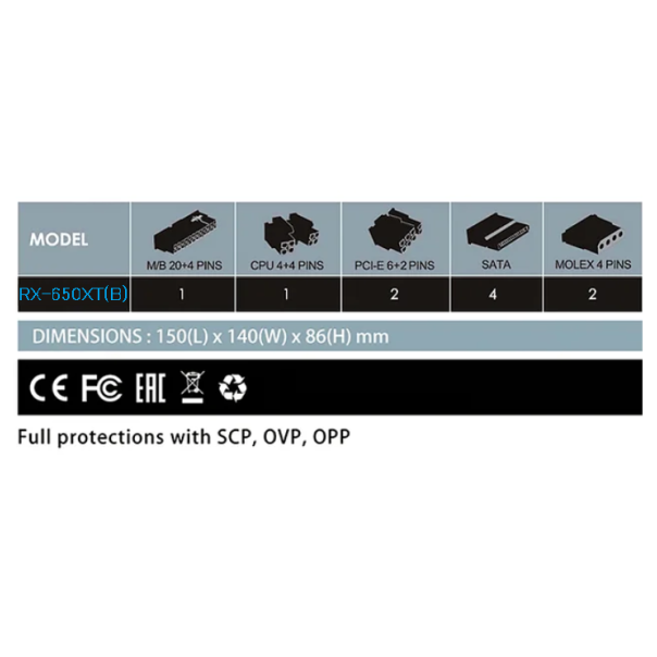 RAIDMAX Napajanje 650W RX-650XT(B) Black/120mmTC Fan/SI Bulk - 29519-1