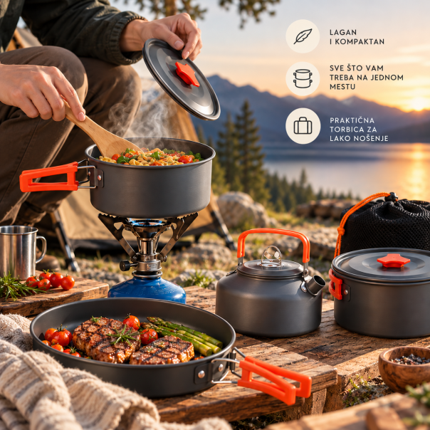 Set posuđa za kampovanje, sklopivi, aluminijum, sivi sa crvenim detaljima - EP3286098