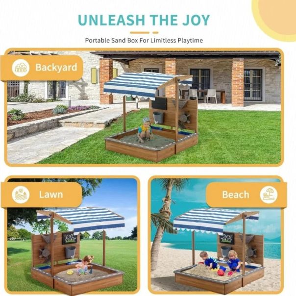 Dečiji drveni peskarnik za igru KINDER HOME sa podesivim krovom i dodacima - EP2882596