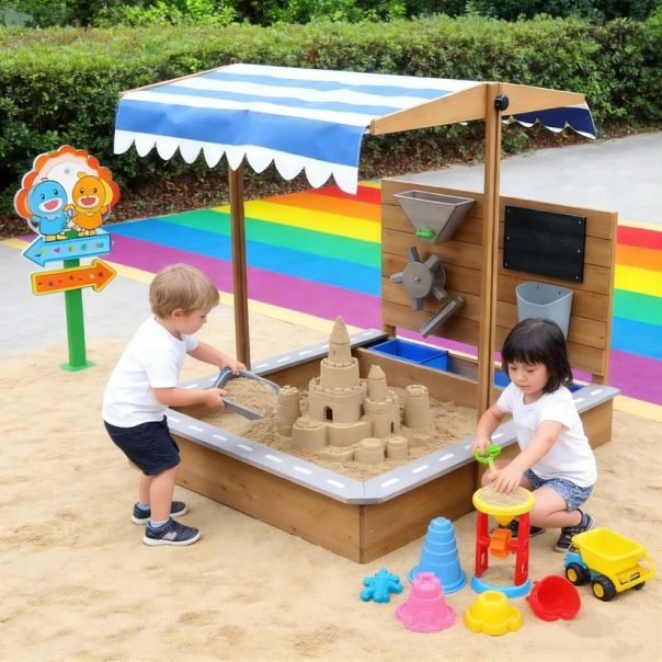 Dečiji drveni peskarnik za igru KINDER HOME sa podesivim krovom i dodacima - EP2882596