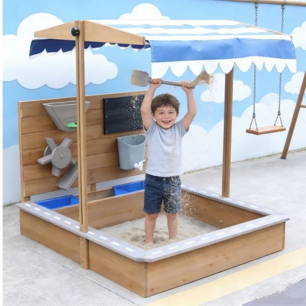 Dečiji drveni peskarnik za igru KINDER HOME sa podesivim krovom i dodacima - EP2882596