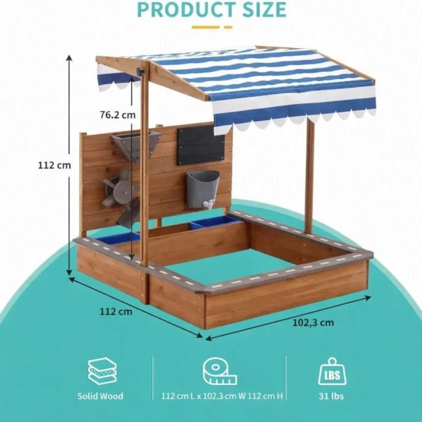 Dečiji drveni peskarnik za igru KINDER HOME sa podesivim krovom i dodacima - EP2882596