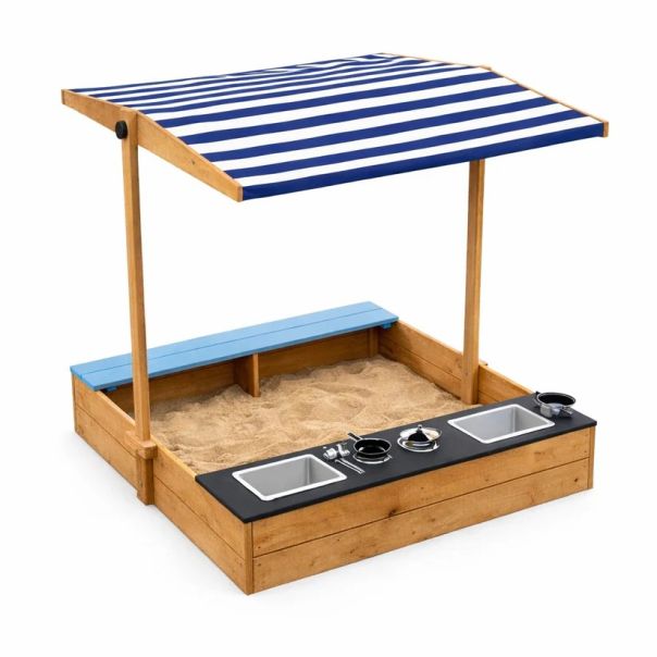 Dečiji drveni peskarnik za igru 3 u 1 sa kuhinjom, klupom i suncobranom sa UV zaštitom - EP2882597