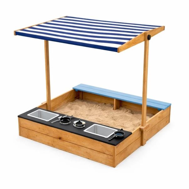 Dečiji drveni peskarnik za igru 3 u 1 sa kuhinjom, klupom i suncobranom sa UV zaštitom - EP2882597