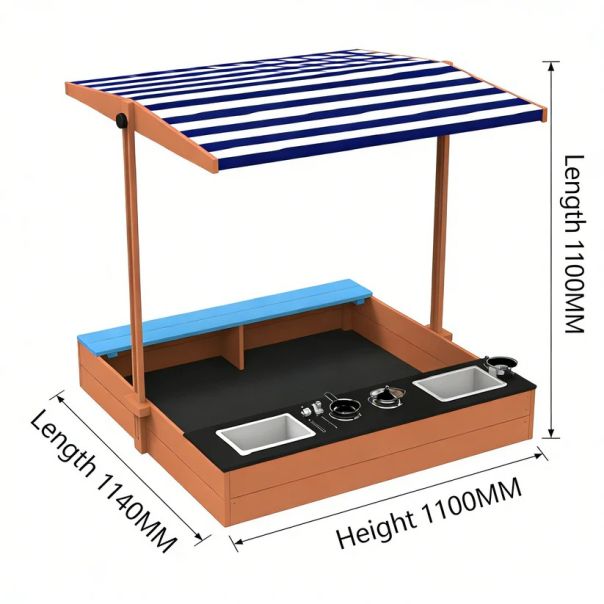 Dečiji drveni peskarnik za igru 3 u 1 sa kuhinjom, klupom i suncobranom sa UV zaštitom - EP2882597