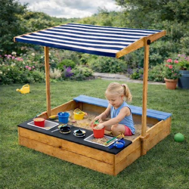 Dečiji drveni peskarnik za igru 3 u 1 sa kuhinjom, klupom i suncobranom sa UV zaštitom - EP2882597