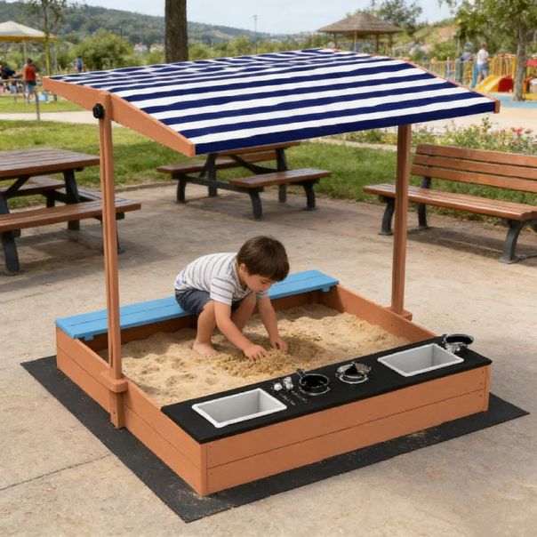 Dečiji drveni peskarnik za igru 3 u 1 sa kuhinjom, klupom i suncobranom sa UV zaštitom - EP2882597