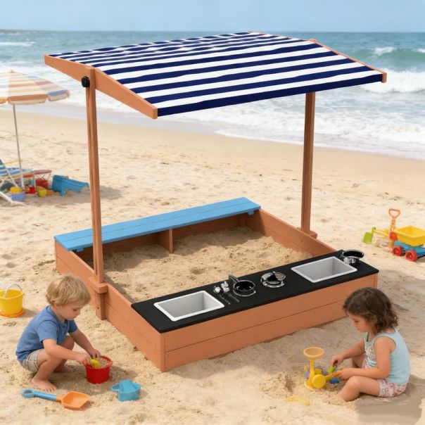 Dečiji drveni peskarnik za igru 3 u 1 sa kuhinjom, klupom i suncobranom sa UV zaštitom - EP2882597