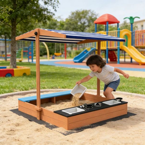 Dečiji drveni peskarnik za igru 3 u 1 sa kuhinjom, klupom i suncobranom sa UV zaštitom - EP2882597