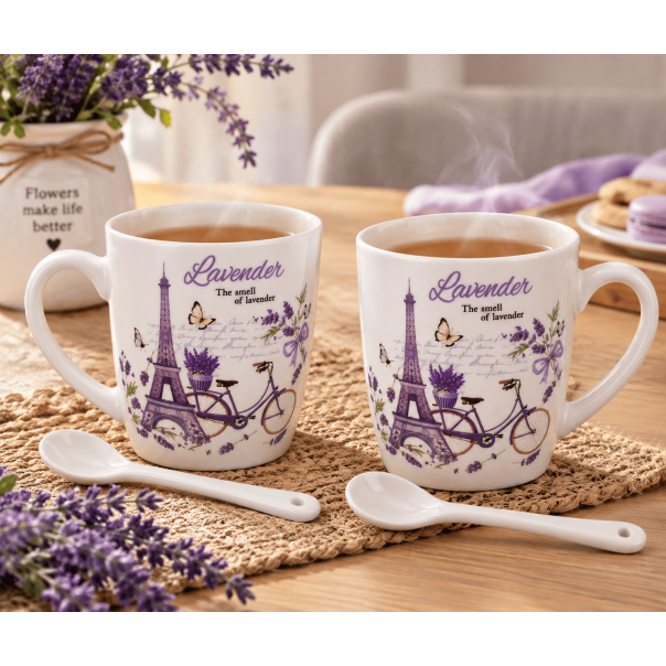 MKS Set keramičkih šolja za kafu 2/1 sa kašičicama  – Lavender, motiv lavande i Pariza - EP3335813
