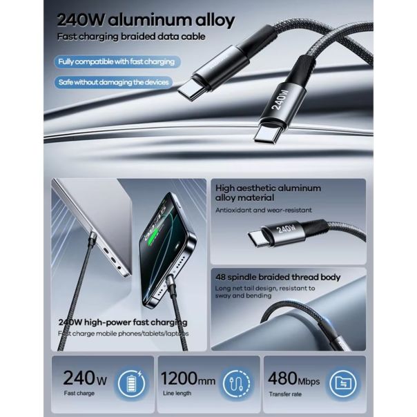 Data kabl REMAX Velocity CB25 Fast charging 240W Type C na Type C 240W 1.2m crni - 223633