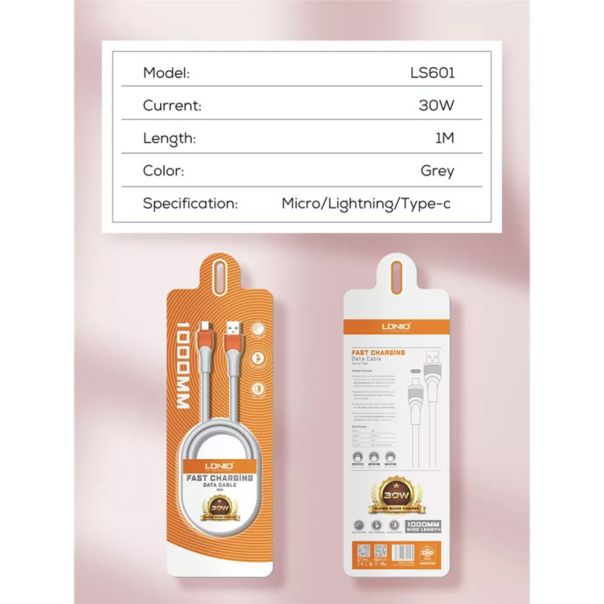 Data kabl LDNIO LS601 30W Fast Type C sivi 1m - 204558
