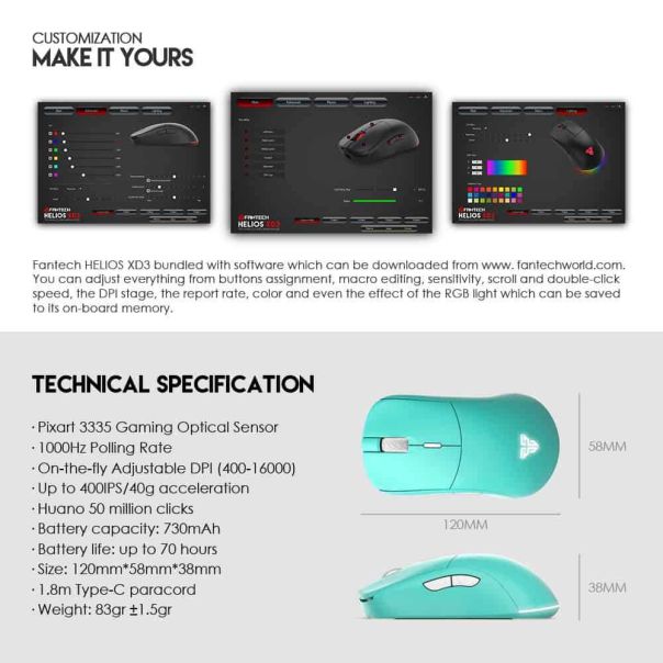 FANTECH Gejmerski miš XD3 HELIOS MINT EDITION - FT99930