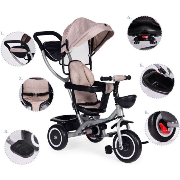ECO TOYS Tricikl sa rotirajućim sedištem i sklopivom tendom 2u1, bež - WQL-066-52 BEI