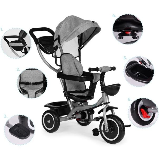 ECO TOYS Tricikl sa rotirajućim sedištem i sklopivom tendom 2u1, siva - WQL-066-52 GRAY