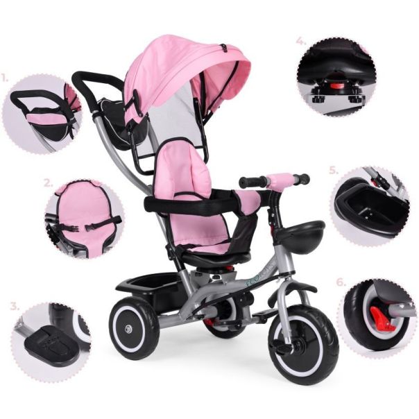 ECO TOYS Tricikl sa rotirajućim sedištem i sklopivom tendom 2u1, roze - WQL-066-52 PINK