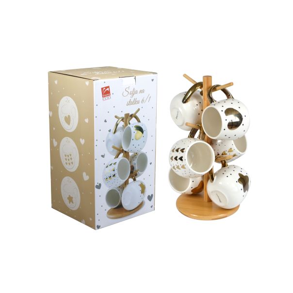 SIGMA Set porcelanskih šolja na stalku 370ml 6/1 SAI–953, bela/zlatna - EP2799949