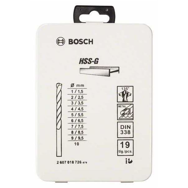 BOSCH 19-delni set burgija za metal HSS-G, DIN 338, 135°, u metalnoj kutiji 2607018726, 1-10mm, 135° - 2607018726