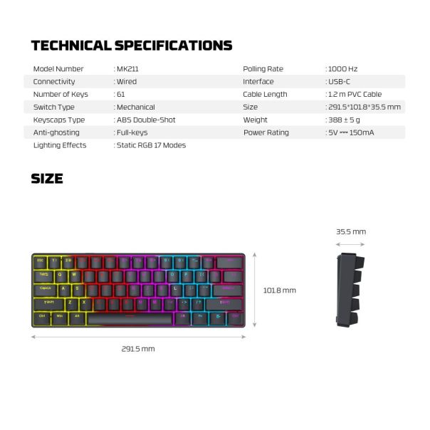 Tastatura Mehanicka Gaming Fantech MK211 RGB Atom61 crna (red switch) - EP3094464