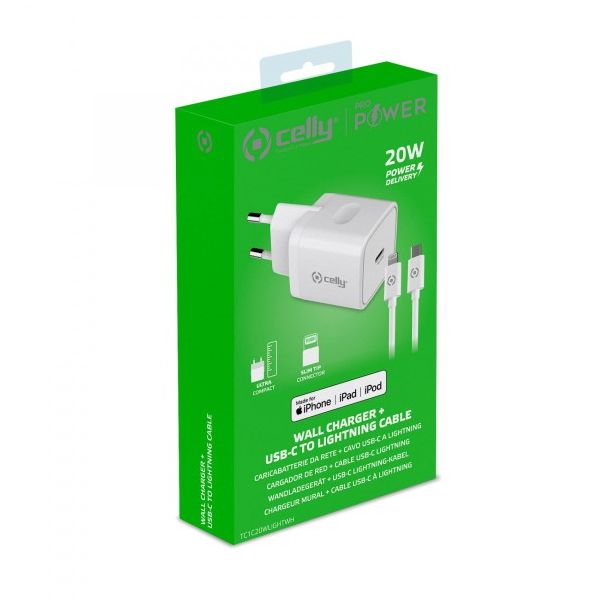 CELLY Punjač 20W Type C + kabl Lighting, bela, 1m - TC1C20WLIGHTWH