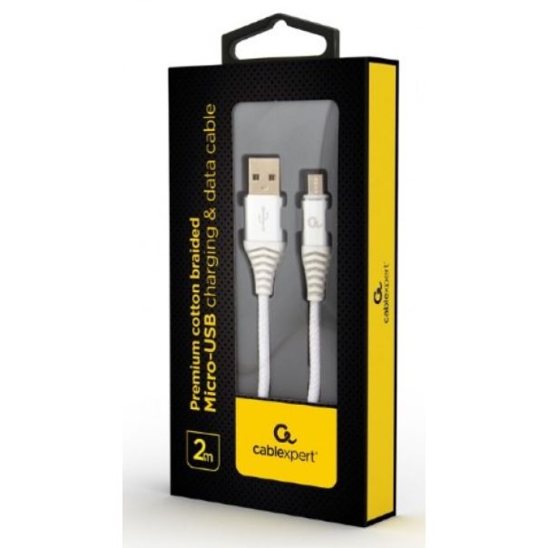 GEMBIRD Micro-USB kabl, pleteni, CC-USB2B-AMmBM-2M-BW2, 2m, srebrna/bela - 38340