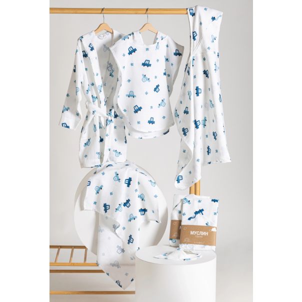 STEFAN Peškir sa kapuljačom od muslina 120x60cm Auto, bela/plava - 372-auto