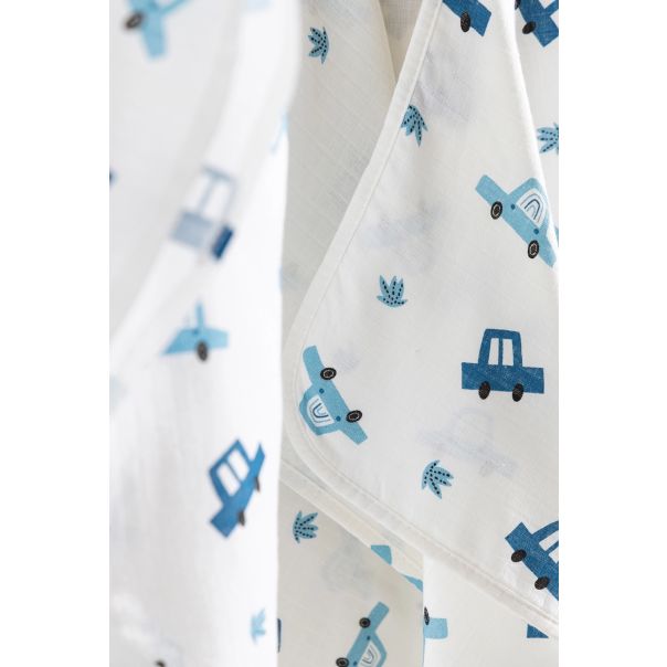 STEFAN Peškir sa kapuljačom od muslina 120x60cm Auto, bela/plava - 372-auto