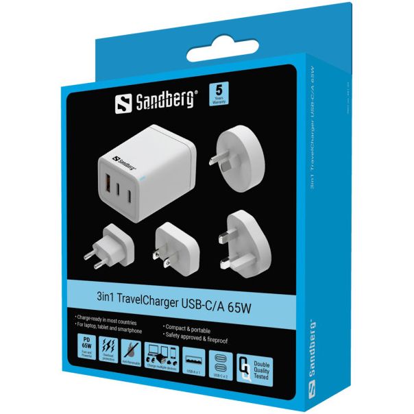 SANDBERG Punjač 3in1 TravelCharger USB-C/A, 65W - 43039-1
