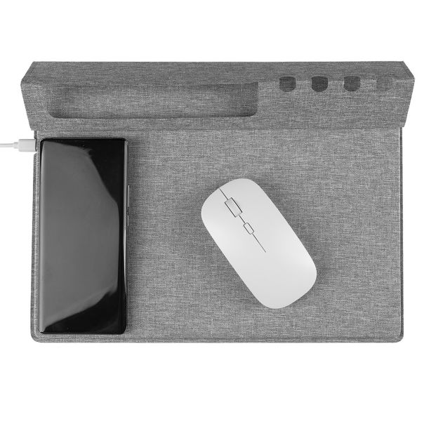Podloga za miš MULTI PAD sa bežičnim punjačem 15W – RPET, držač za telefon i olovke, siva - EP3258980