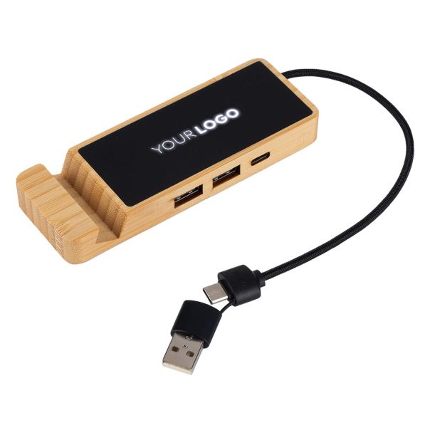 USB razdelnik ENNIO od bambusa sa držačem za telefon – Type-C ulaz, 2x USB + Type-C, svetleći logo - EP3258718