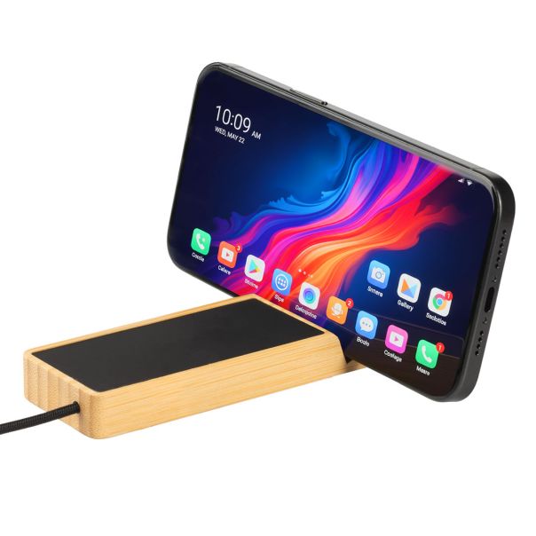 USB razdelnik ENNIO od bambusa sa držačem za telefon – Type-C ulaz, 2x USB + Type-C, svetleći logo - EP3258718