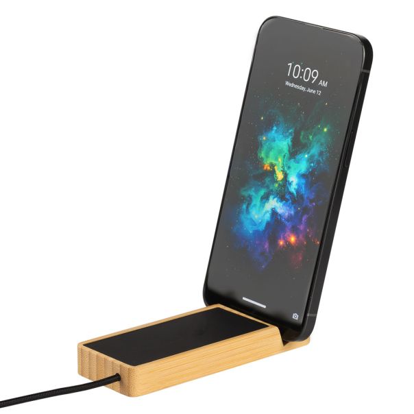USB razdelnik ENNIO od bambusa sa držačem za telefon – Type-C ulaz, 2x USB + Type-C, svetleći logo - EP3258718