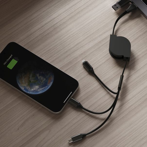 Uvlačivi USB kabl FLASH 6u1 60W – automatsko uvlačenje, 3 izlaza, PD, crni - EP3258947