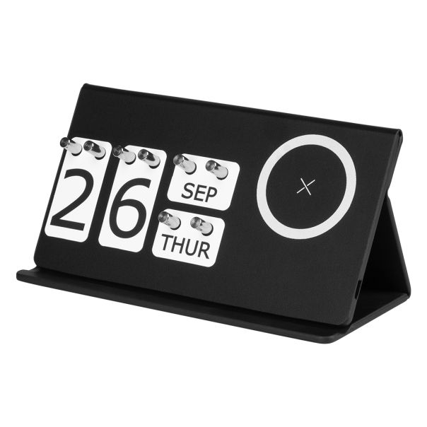 Večiti stoni kalendar INTEGRAL sa bežičnim punjačem 15W – magnetni, Qi, reciklirana eko koža, crni - EP3258712